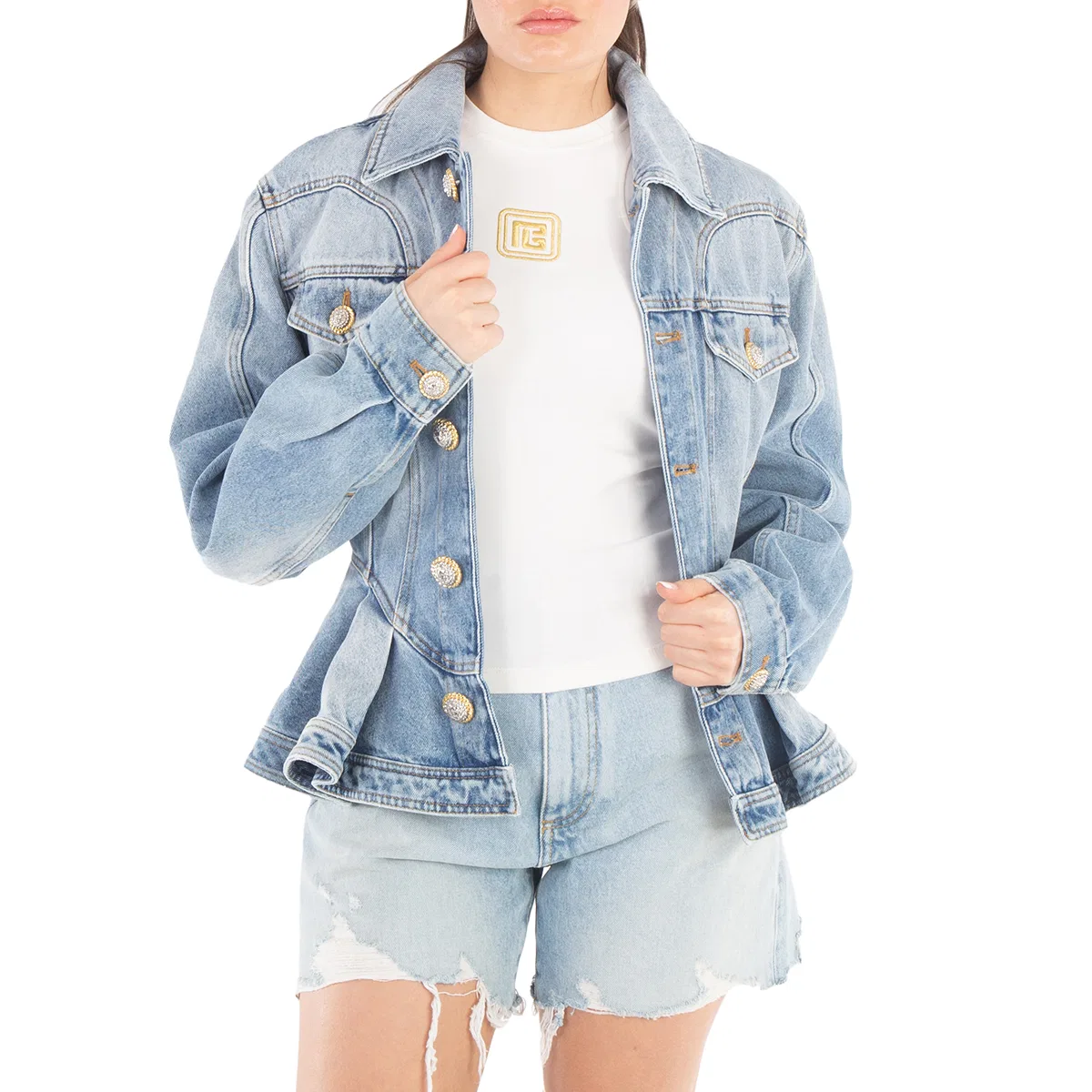 Жакет из денима с плиссировкой Logo-Buttons Pleated Denim Blazer Balmain, Bleu Jean Clair
