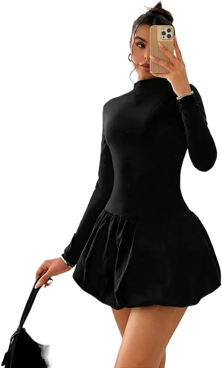 Женское платье мини A-силуэта с воланами Long Sleeve Casual Dress, Black — фото 4