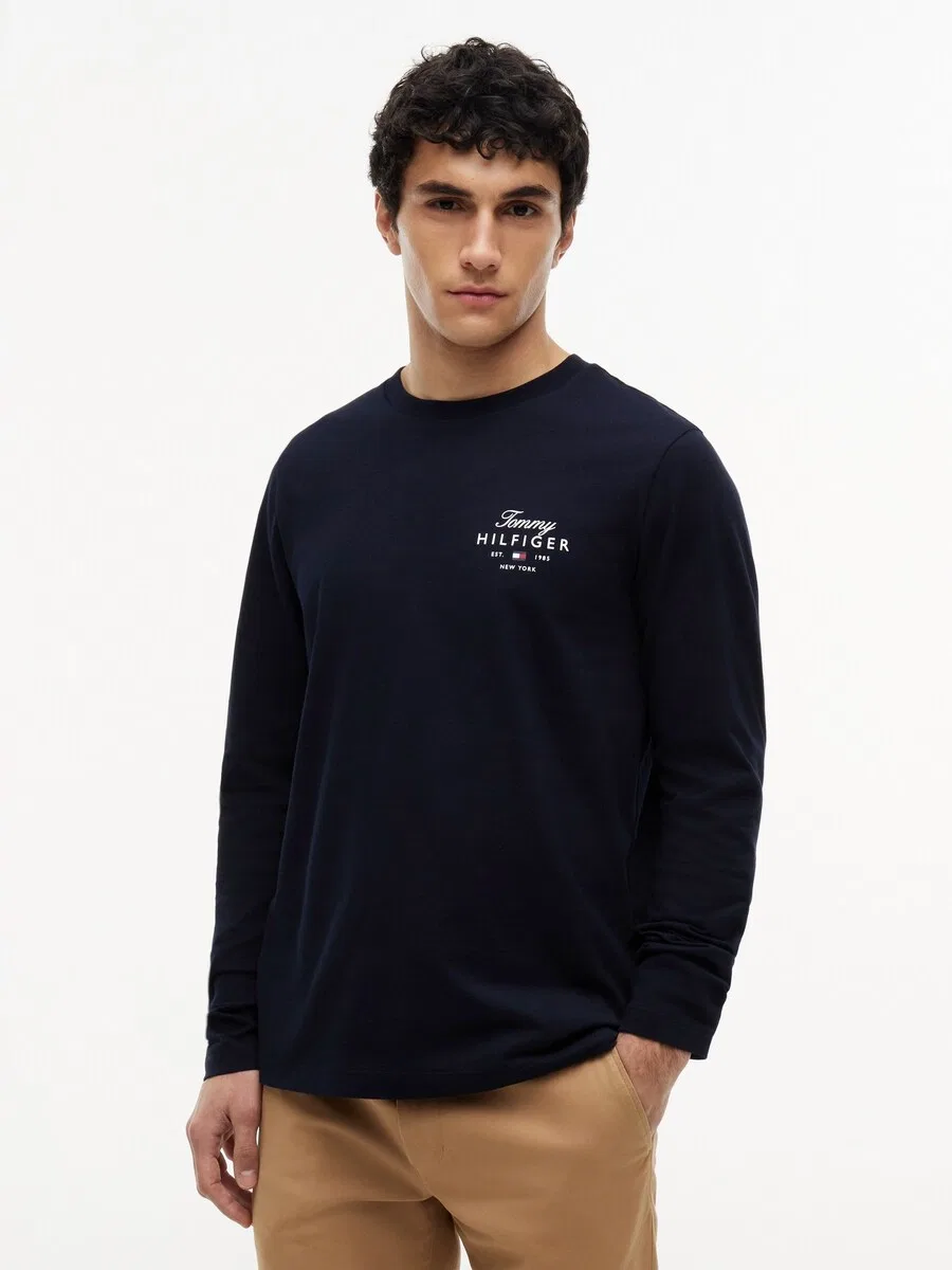 Футболка TOMMY HILFIGER с длинным рукавом и логотипом, темно-синяя — фото 3