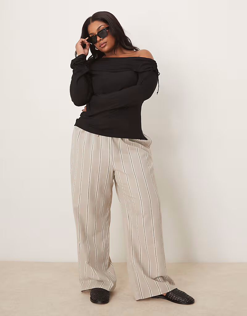 

Брюки ASOS DESIGN Curve с завязками на талии, в полоску серо-коричневого цвета, с эффектом льна