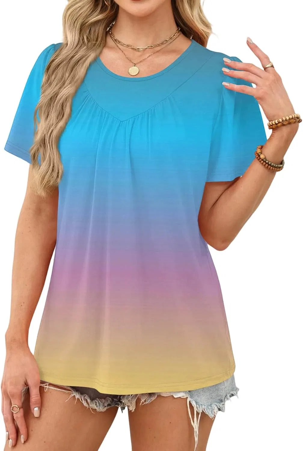 Женская футболка с плиссированным воротником Summer Tops, Sky Blue — фото 4