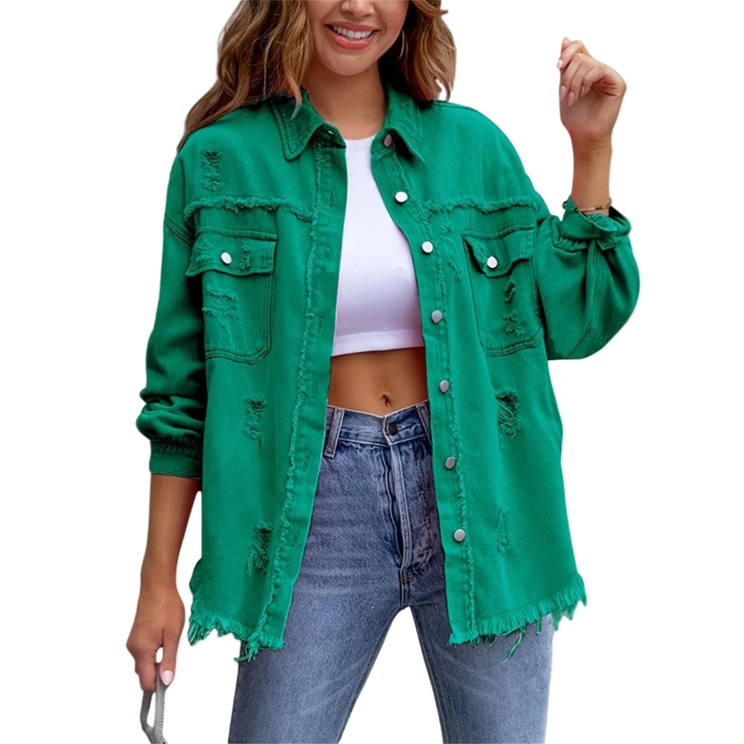 Женское джинсовое пальто с бахромой Western Shacket, Verde