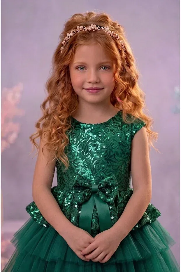 Детское платье для девочек с пайетками Emerald Green Sequined Tulle Delfini Kids, Green — фото 3