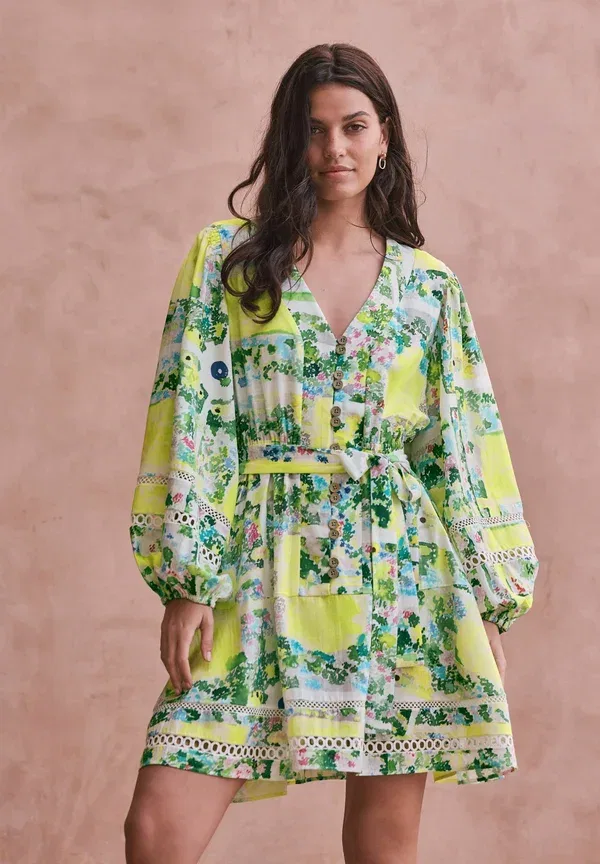 Платье-рубашка с принтом, Regular fit, Next, Green Pink Floral, зеленый/розовый — фото 2