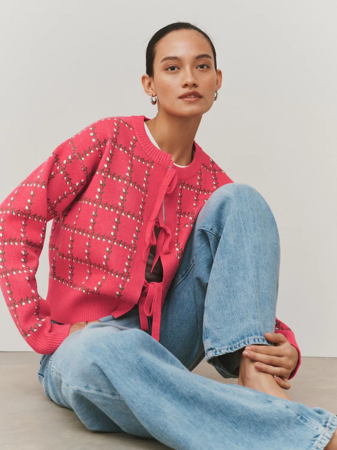 Кардиган вязаный, супермягкий, с завязками спереди Next, Pink Floral Check