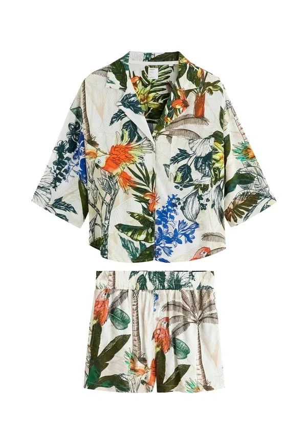 Пижамный комплект из вискозы, Regular fit - button through short set, Next, Ecru Parrot, экрю