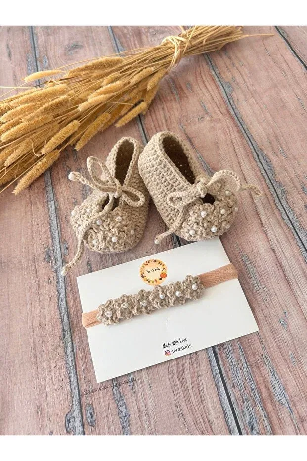 Детские пинетки для девочек с банданой Seraskids, Beige