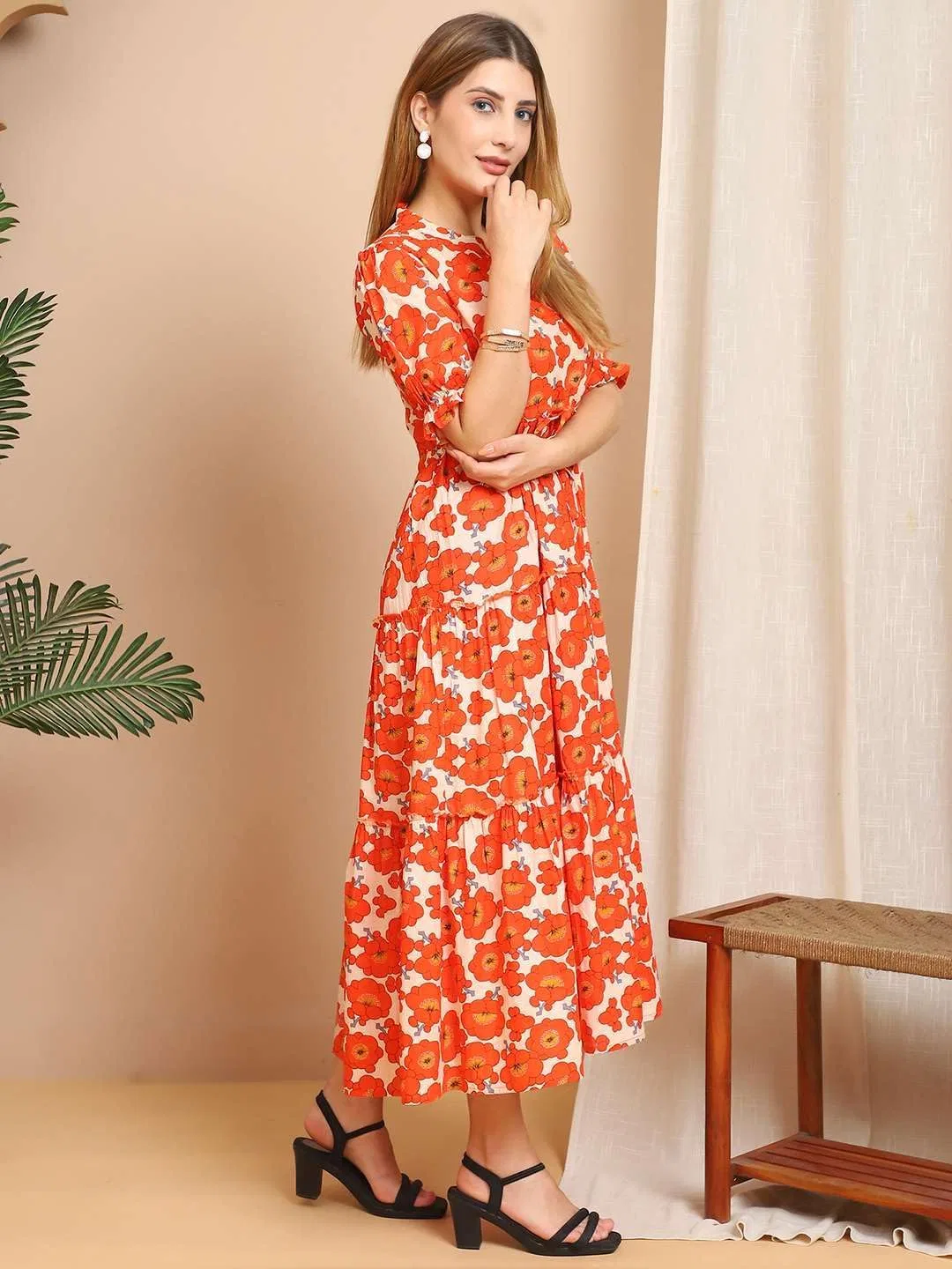 Женское хлопковое платье миди с принтом Rianshi craft, Orange Floral — фото 3