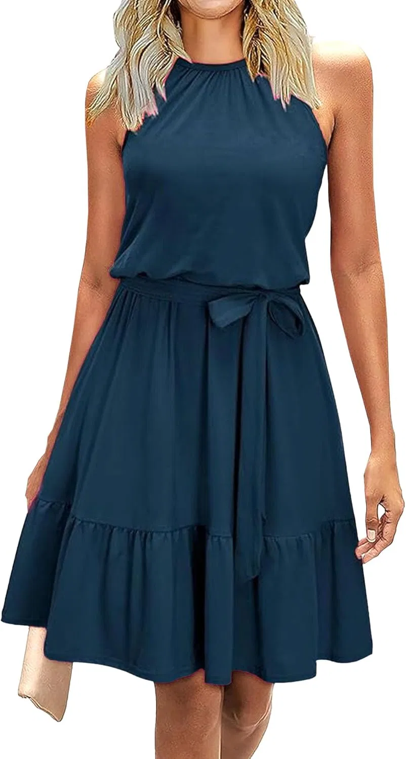 Женское летнее платье с запахом и поясом, Navy Blue