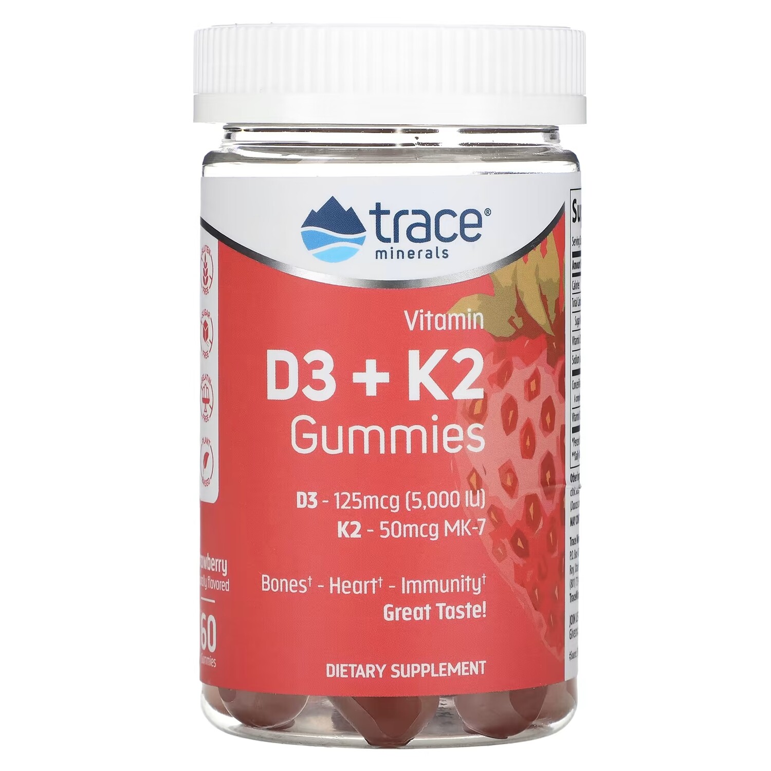

Жевательные конфеты Trace Minerals с витамином D3 + K2 клубника, 60 таблеток