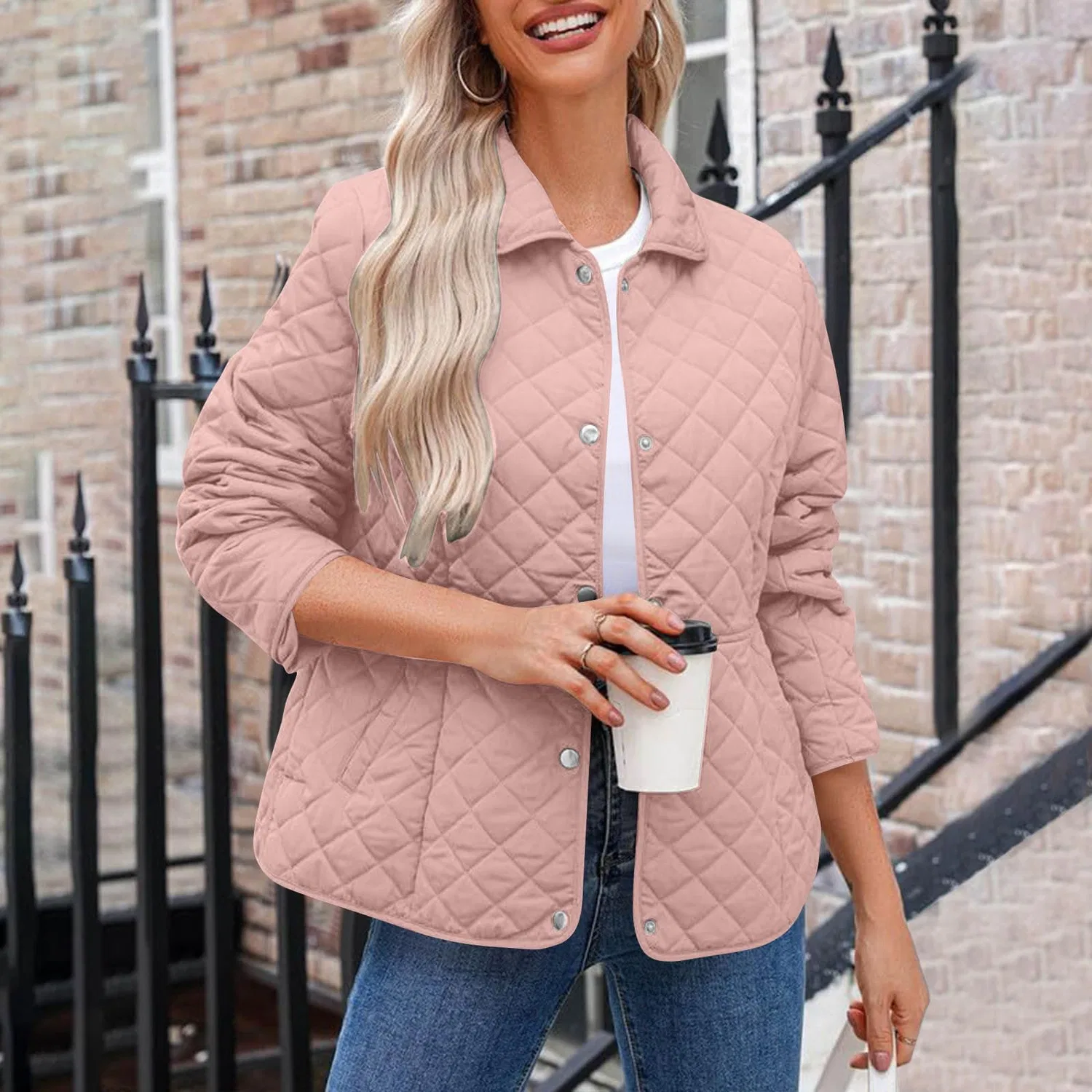 Женское стеганое пальто с ромбовидным воротником, 03 Pink — фото 3