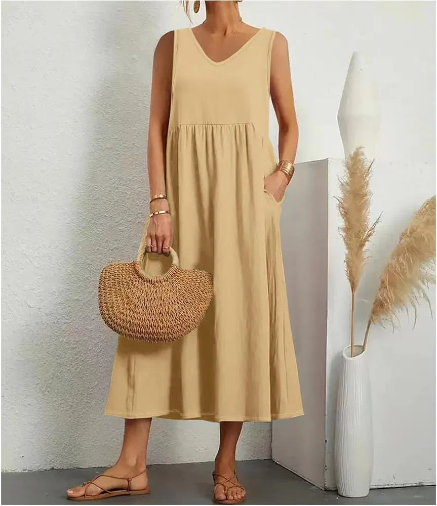 Женское летнее платье макси с V-образным вырезом Cotton Linen, Ginger — фото 2