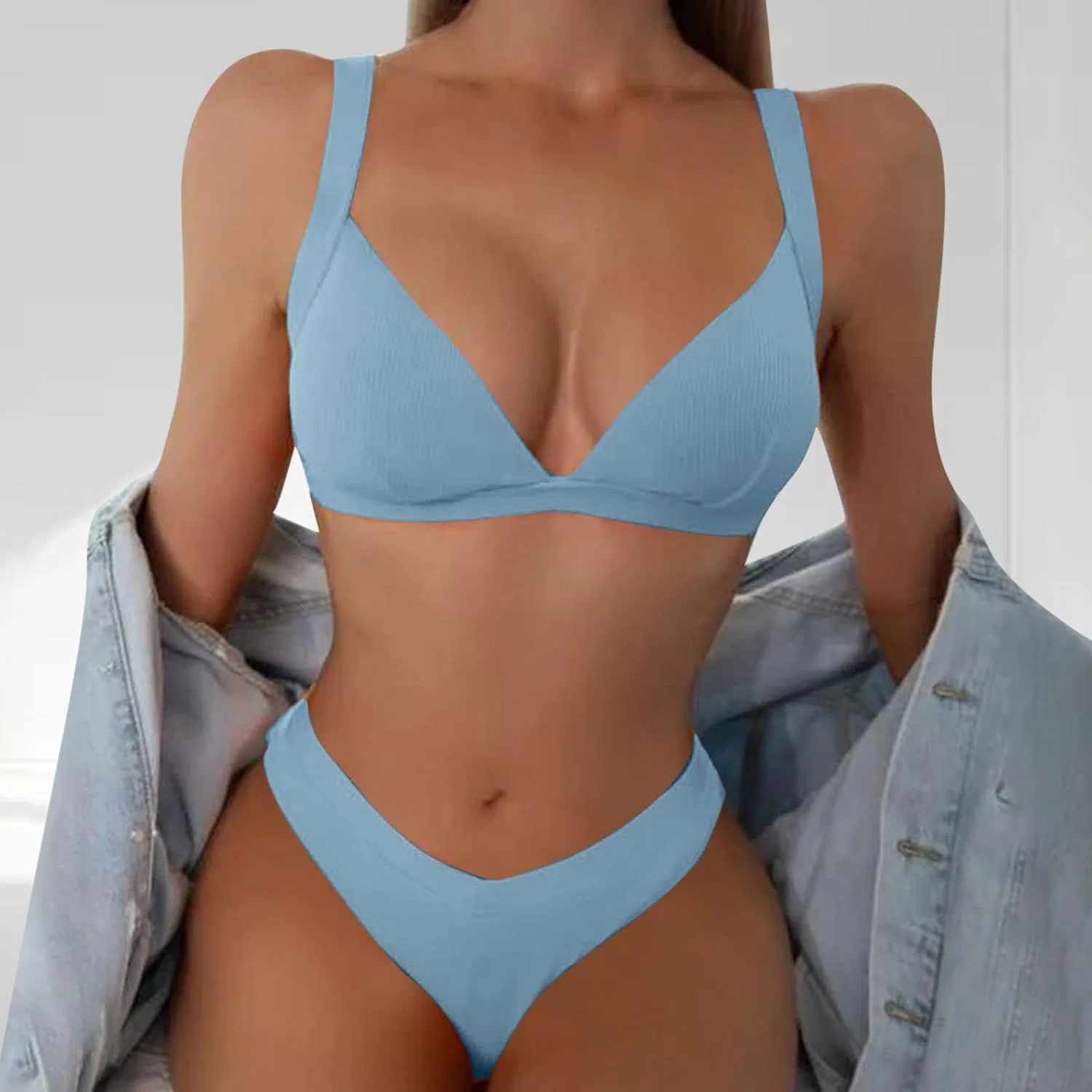 Женский бикини-сет с V-образным вырезом и рифленой тканью Generic, Light Blue — фото 2