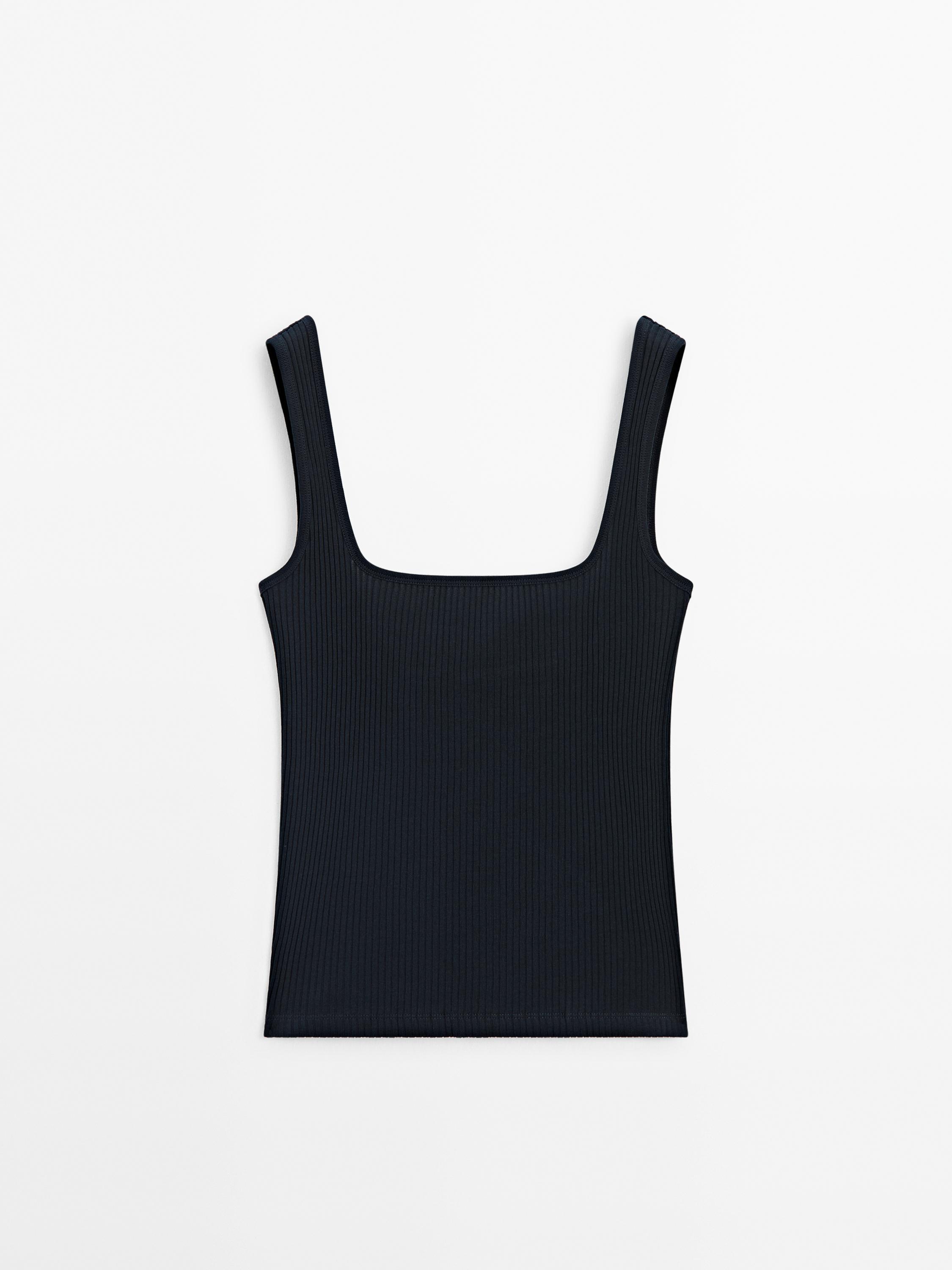 

Топ в рубчик с прямым вырезом Massimo Dutti, navy blue, Синий, Топ в рубчик с прямым вырезом Massimo Dutti, navy blue