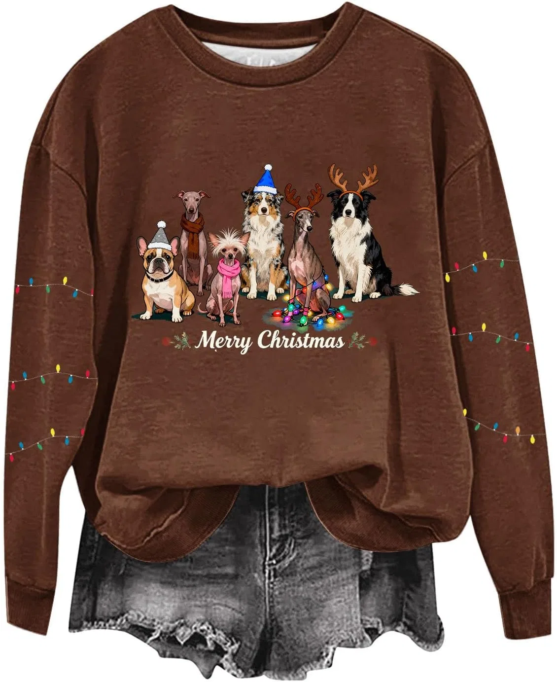 Женский свитшот с принтом Christmas Dog, коричневый — фото 3