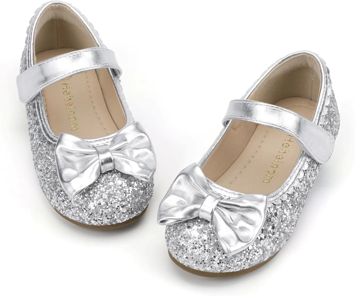 Детские балетки для девочек с бантом Hehainom, Silver Sequin
