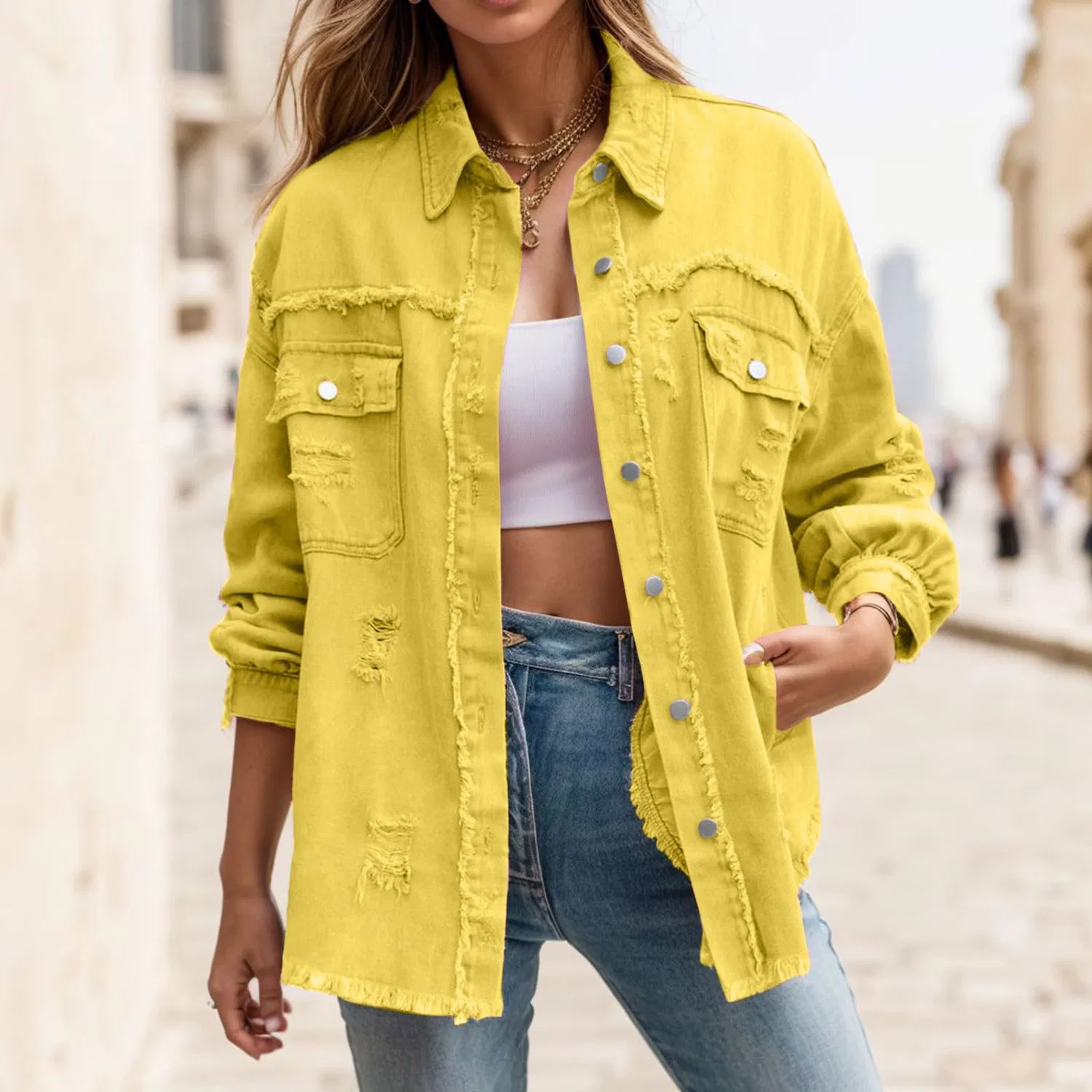 Женское джинсовое пальто оверсайз с рваными деталями, модель Boyfriend Ethnic, Yellow — фото 3