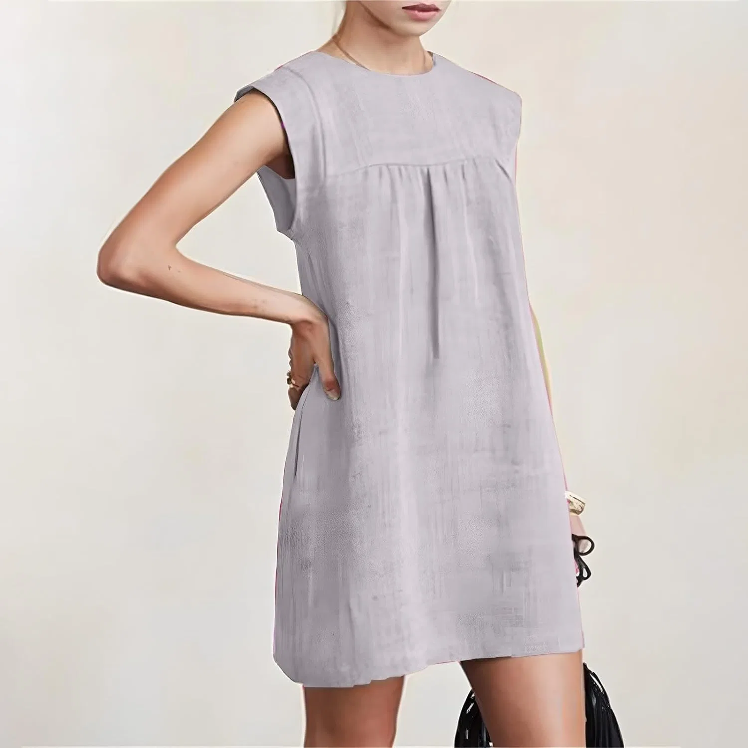 Женское летнее платье из хлопка и льна, короткое, A01 Gray — фото 2