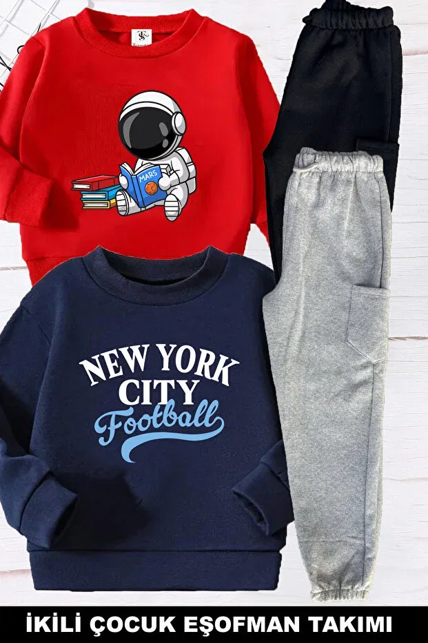 Детский комплект спортивных костюмов для мальчиков с принтом Football and astronaut Twins Tailors, Navy Blue
