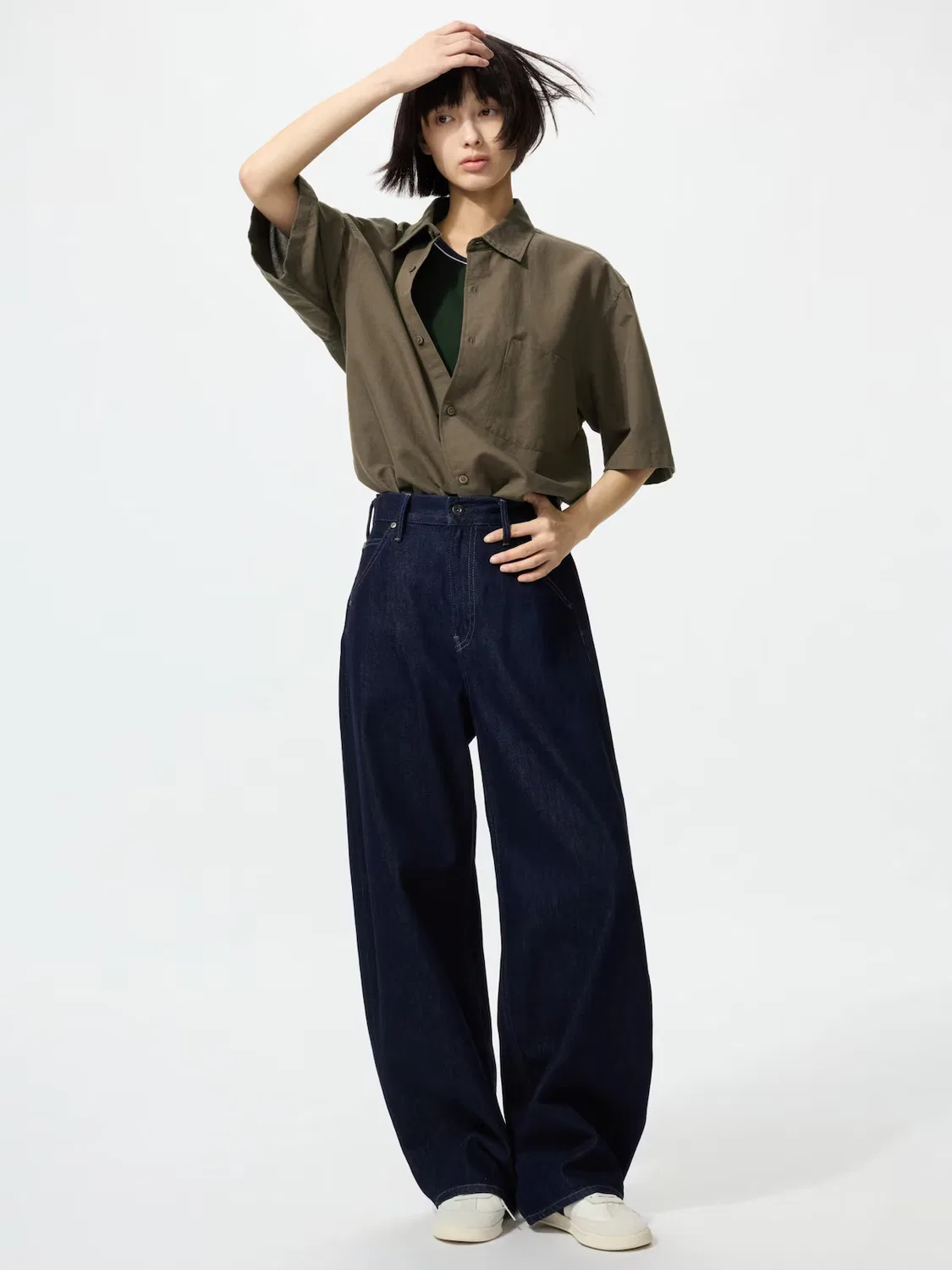 Рубашка Uniqlo, хлопковая-льняная, зеленого цвета — фото 3