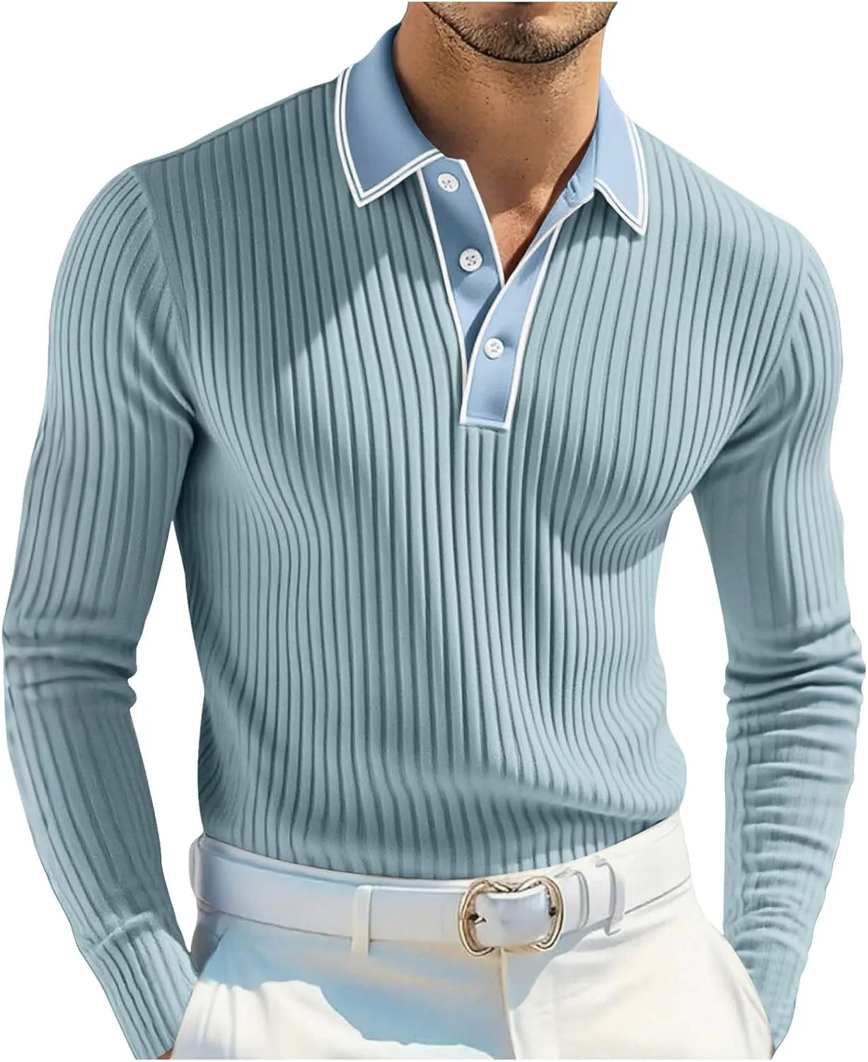 

Xiaojake мужской вязаный поло свитер Casual длинный рукав текстурированный поло свитер легкий на пуговицах полосатый вязаный гольф свитер Xiaojmake