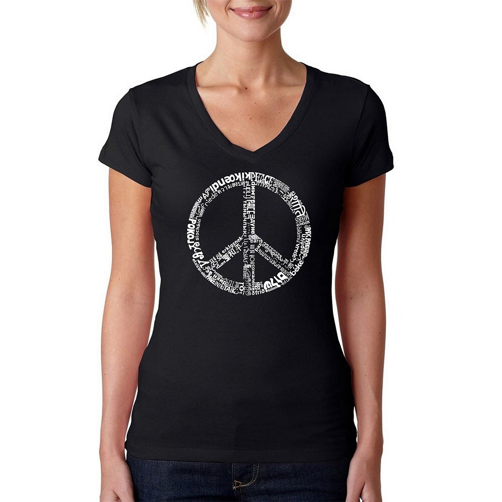 

THE WORD PEACE IN 77 Languages ​​— женская футболка с V-образным вырезом и надписью Word Art LA Pop Art, черный