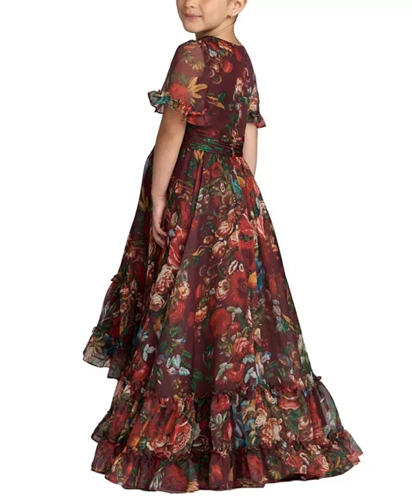 Детское платье для девочек с воланами High Neck Ruffle Hi Low Gown Mac DUGGal, Wine Multi — фото 2