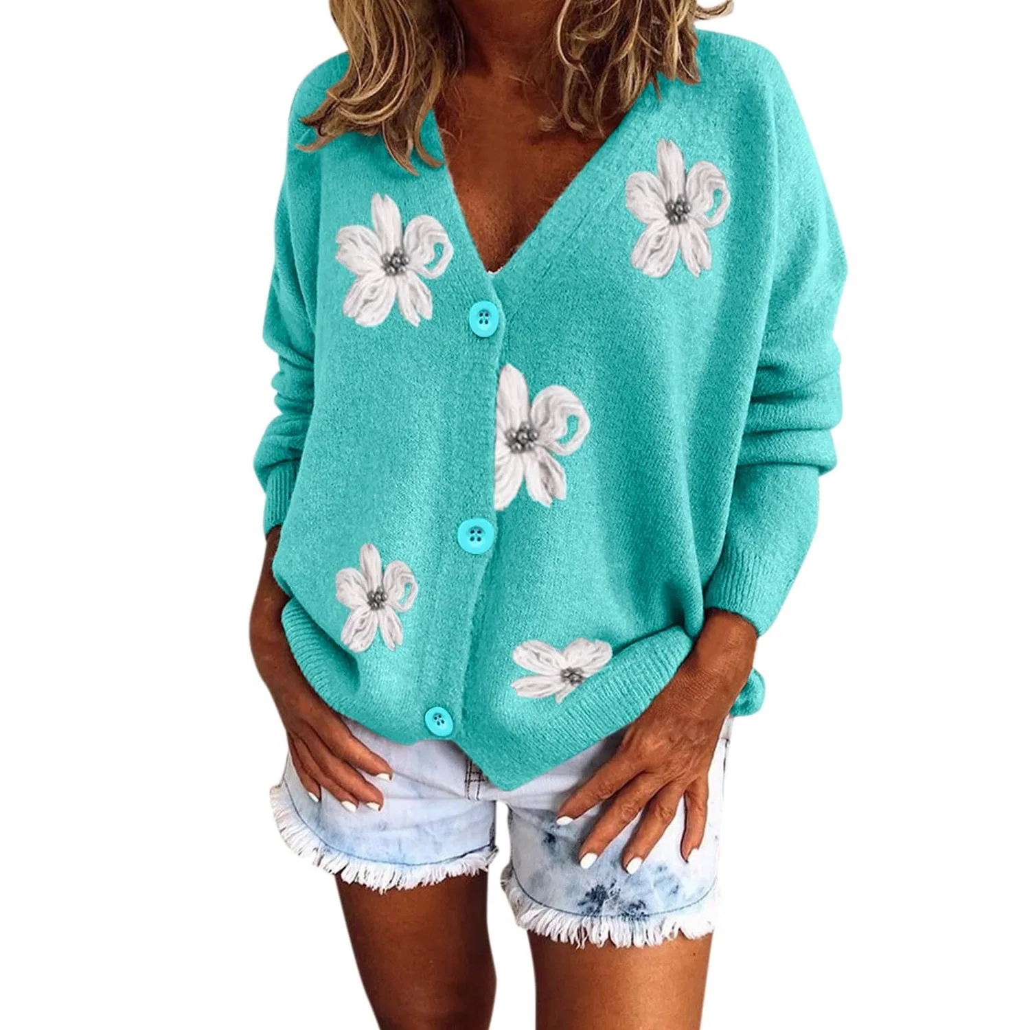 Женский вязаный кардиган с V-образным вырезом и длинным рукавом, Verde