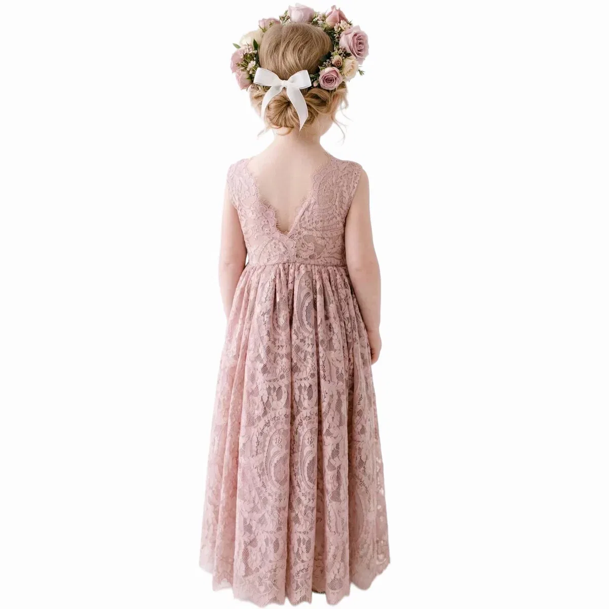 Детское платье для девочек с кружевом Paisley All-Over Lace V Back Sleeveless Maxi Flower Girl 2bunnies, Dusty Pink