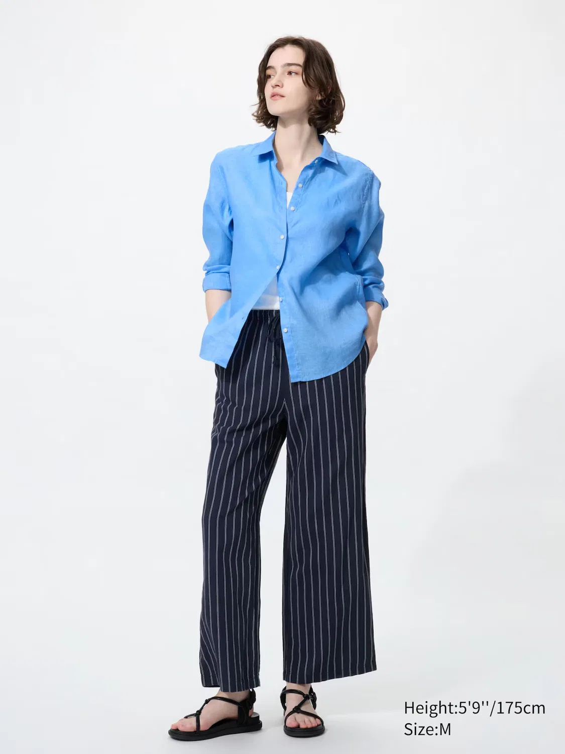 Брюки Uniqlo, из смесовой льняной ткани в полоску, темно-синий