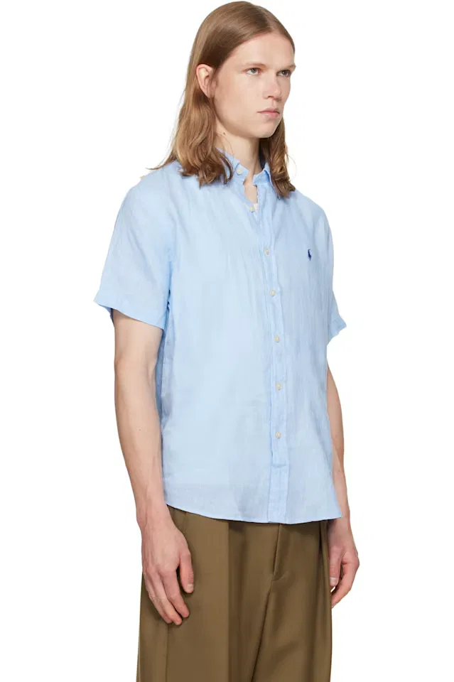 Синяя льняная спортивная рубашка с коротким рукавом Polo Ralph Lauren — фото 2