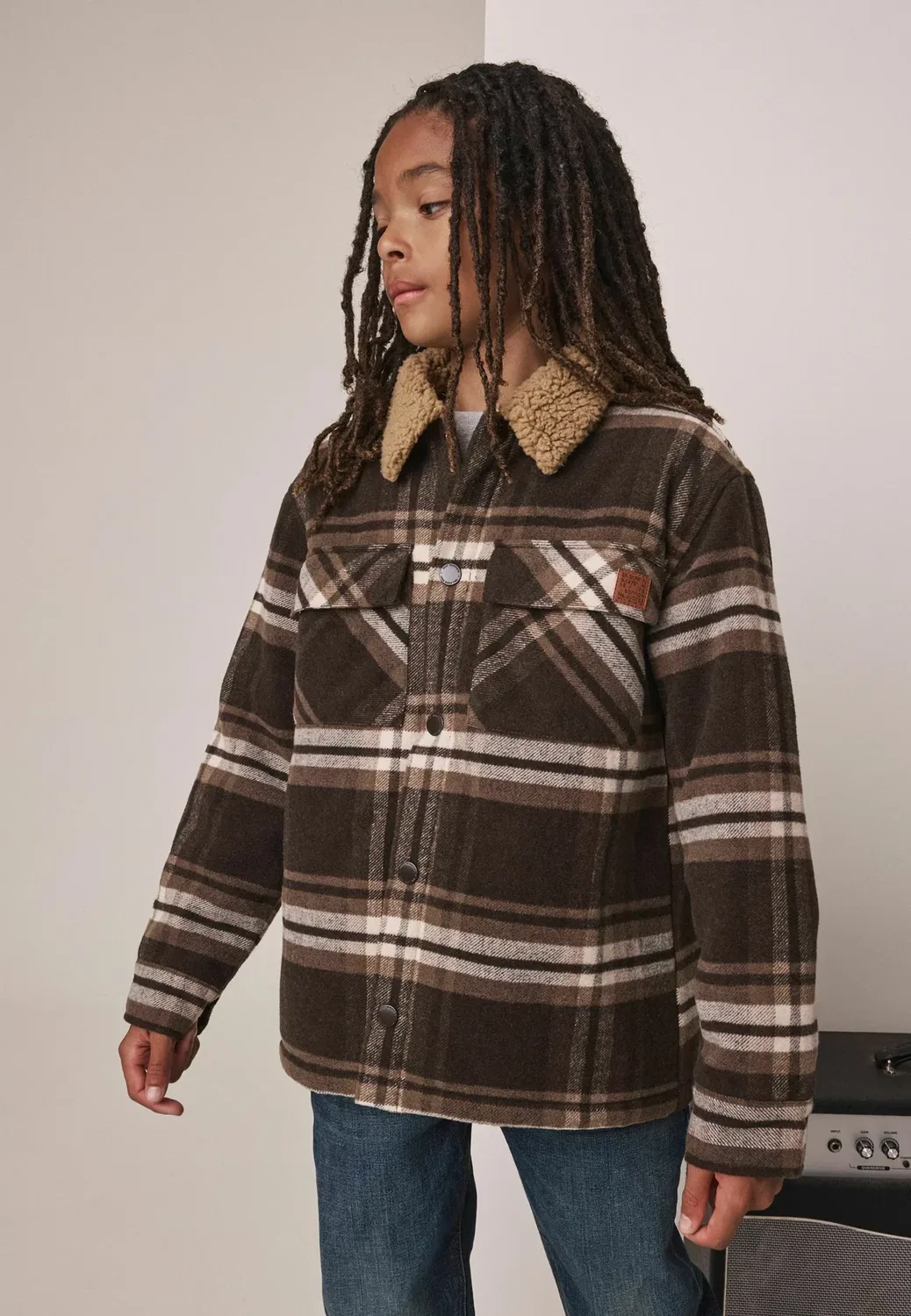 Куртка-Рубашка с подкладкой из материала Borg - легкая куртка Next, Chocolate Brown Check