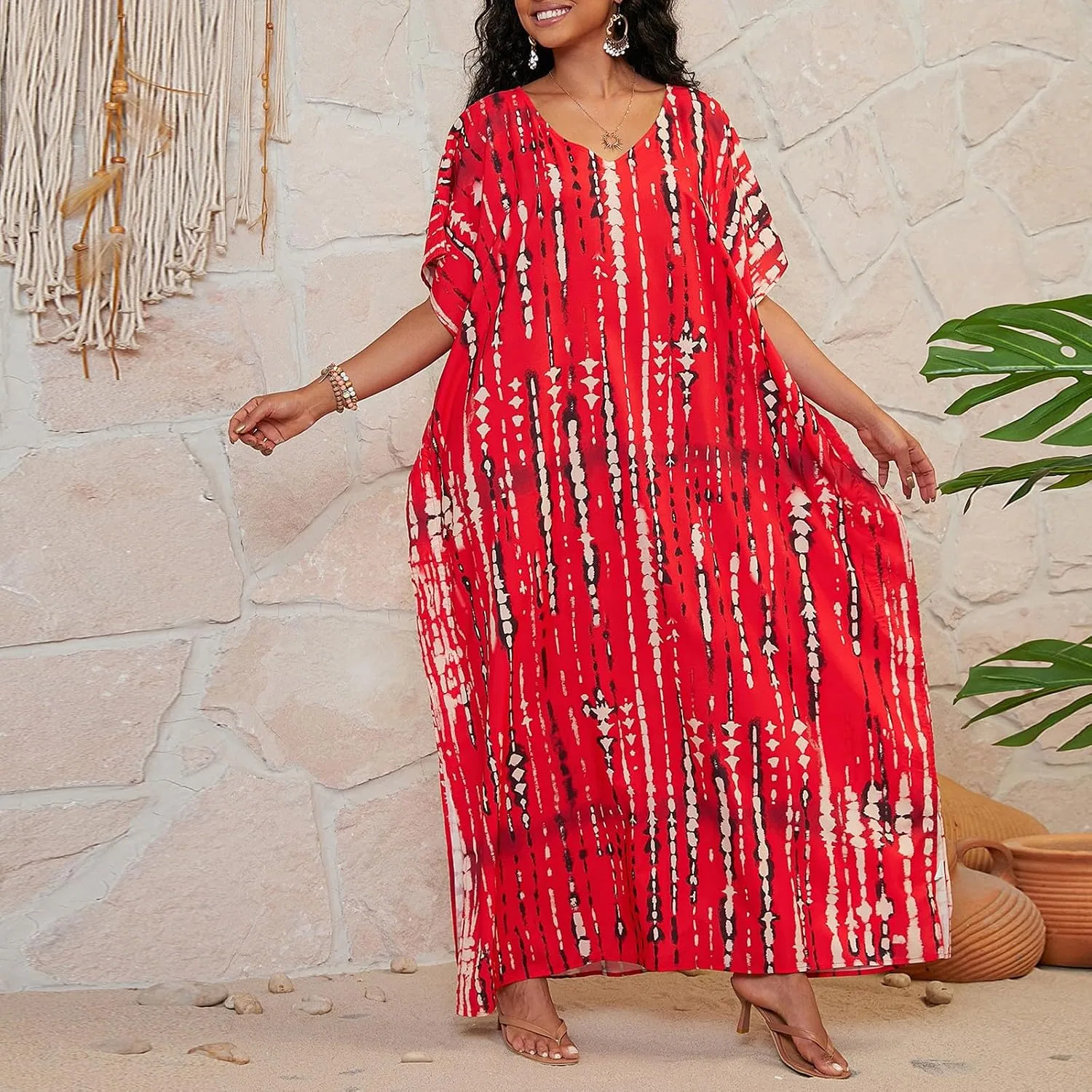 Женское кафтан-платье из вискозы SXMURP, Red — фото 2