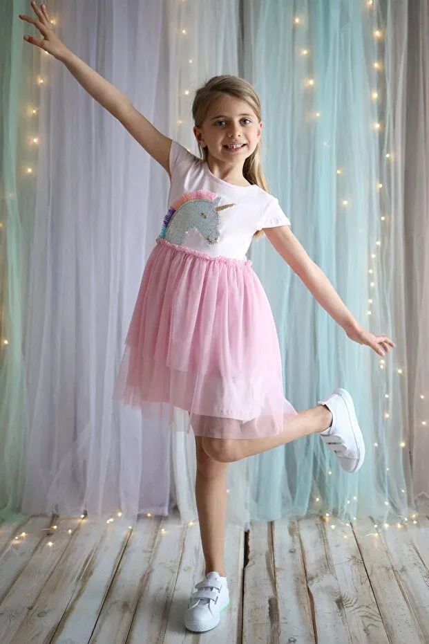 Детское платье для девочек с принтом Unicorn dress with tulle skirt Minik Dolap, Pink