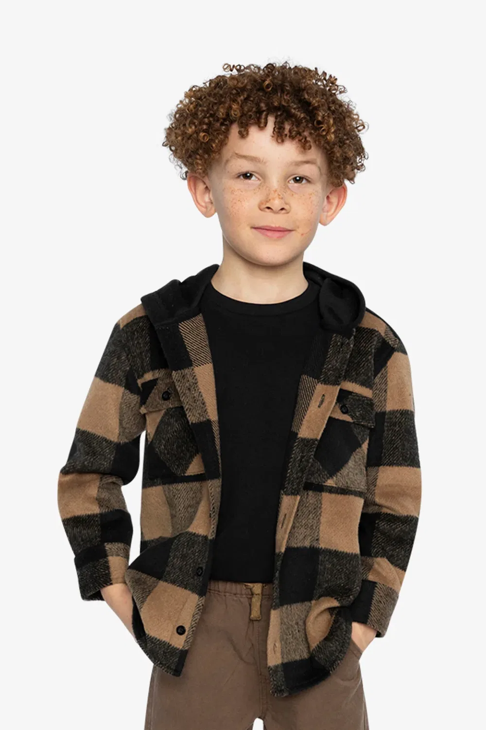 Детская рубашка с флисовым капюшоном в клетку Deux par Deux, Brown And Black Plaid — фото 2