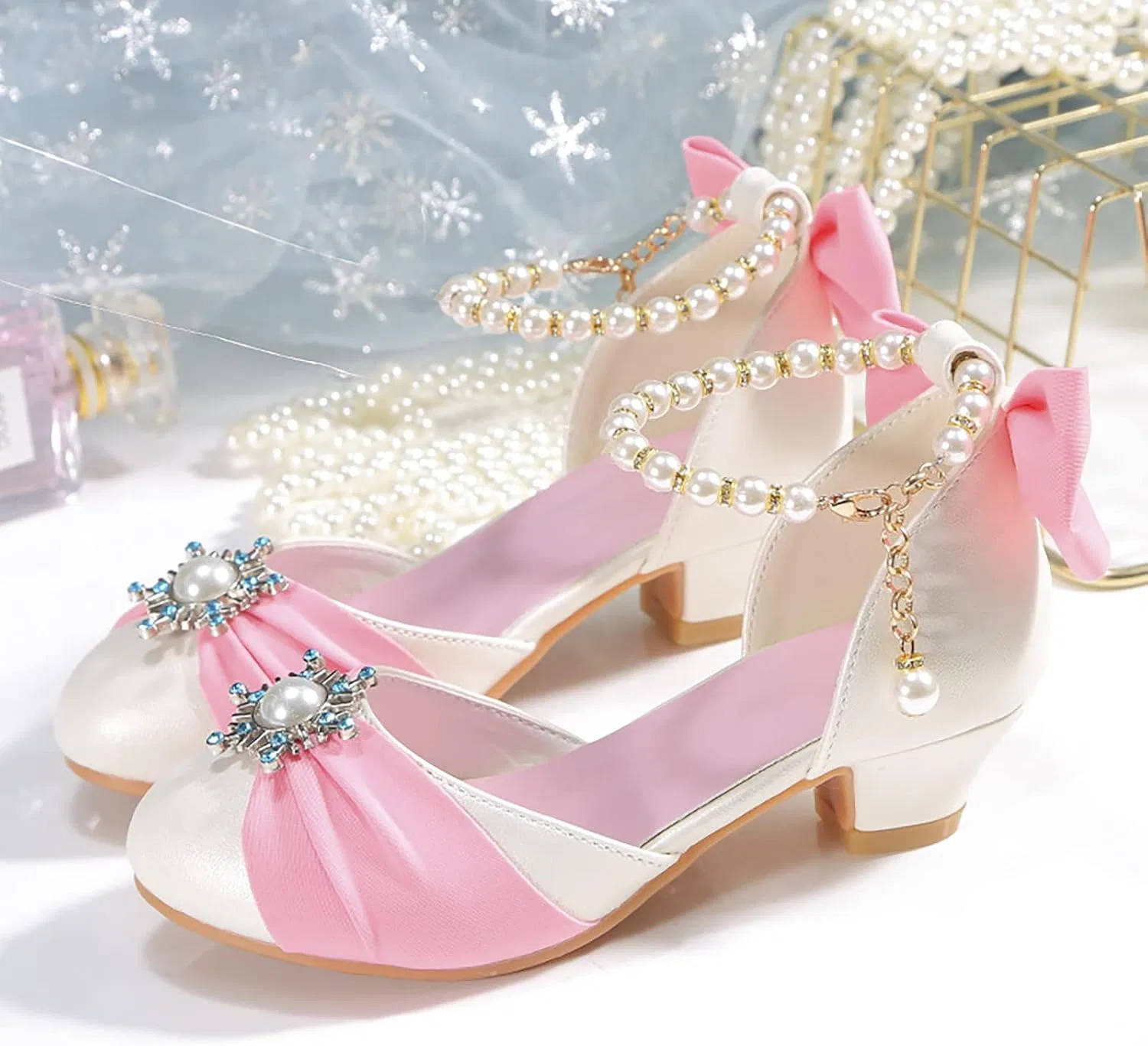 Детские туфли для девочек с принтом Mary Jane Princess Dress Shoes Stain Pearl Bowknot Back Strap Sandals High Heel Wedding Birthday Party Shoes, Pink — фото 4