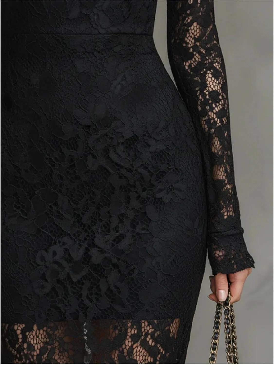 Женское кружевное платье-футляр с длинным рукавом, Black — фото 4
