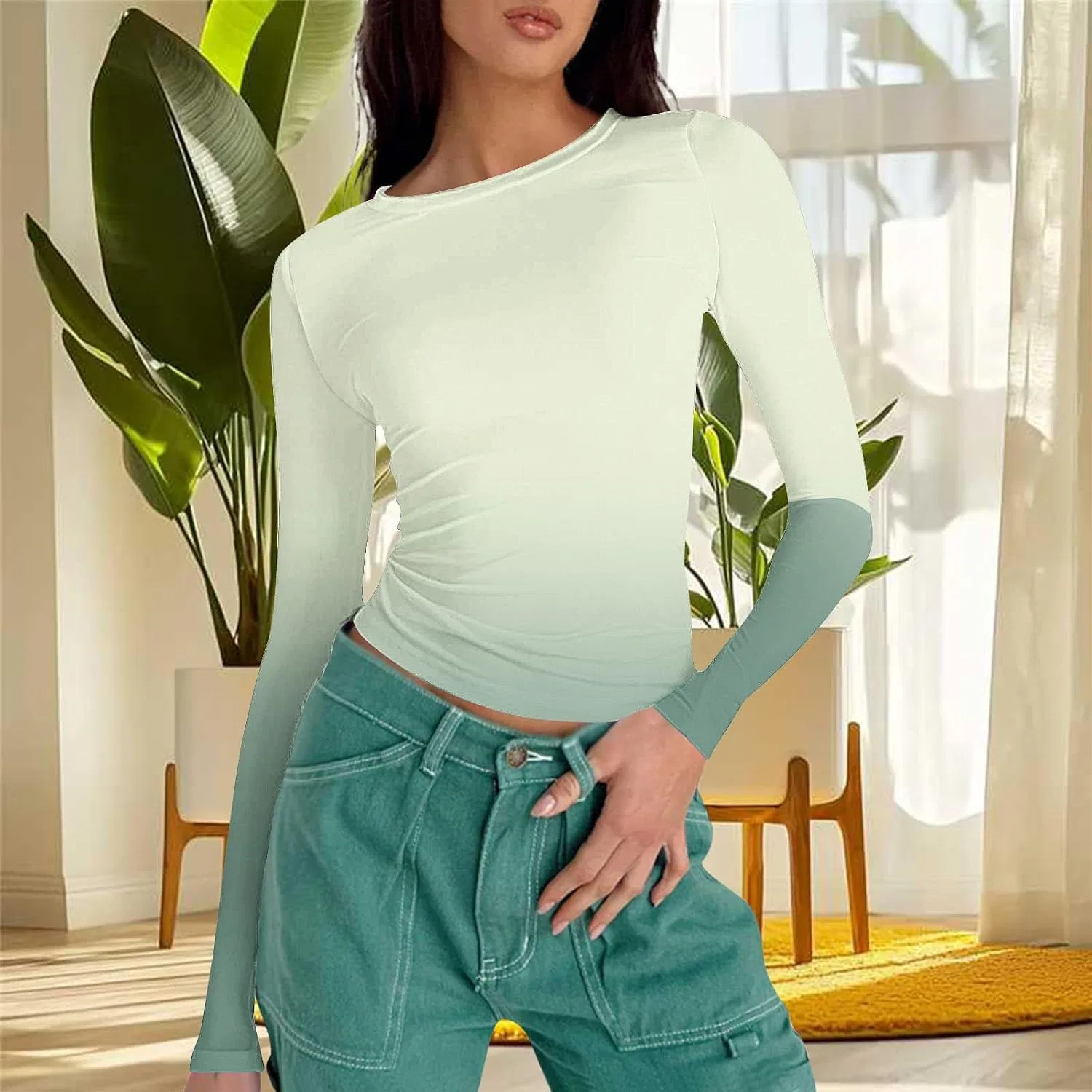 Женская базовый лонгслив с градиентом, Work Out Tops Women, Green — фото 4