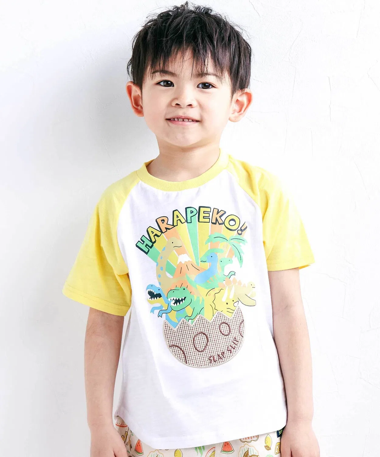Детская футболка с длинным рукавоми принтом Harapeco Dinosaur Raglan SLAP SLIP, White