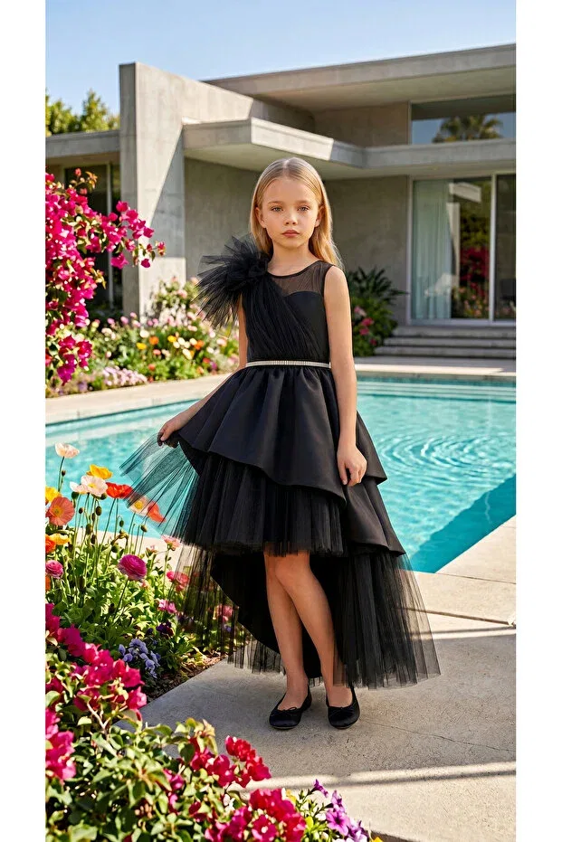 Детское платье для девочек с длинным рукавом Matte Satin Trailing Girls' Evening Dress Lindissima, Black — фото 3