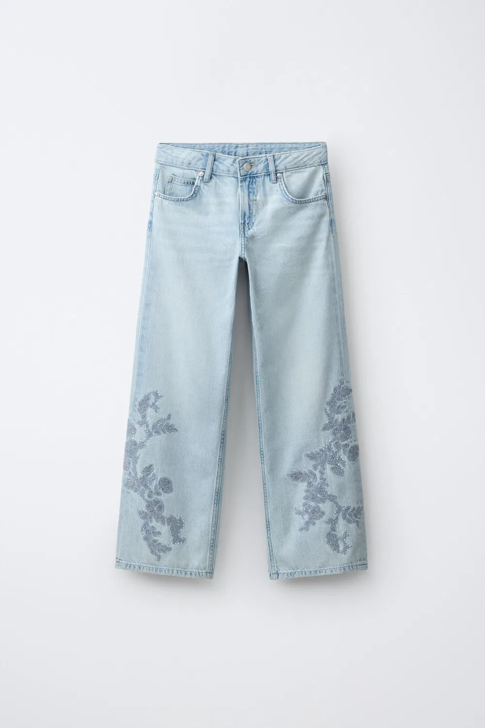 Широкие джинсы с цветочным узором и стразами ZARA, Blue