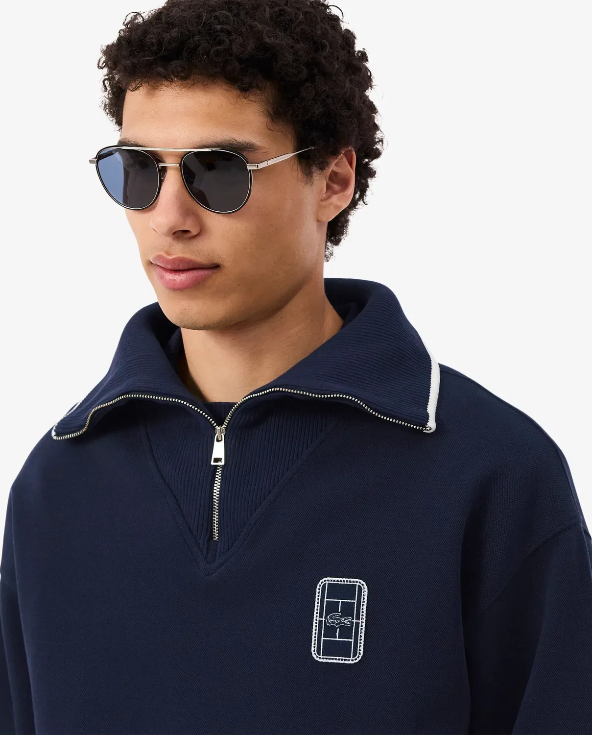 Свитшот Lacoste Oversize мужской с высоким воротником на молнии, двойное пике, Azul Marino — фото 3