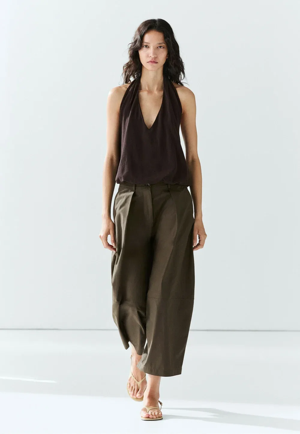 Брюки с широкими штанинами из смесовой хлопковой ткани поплин Massimo Dutti, Khaki — фото 2