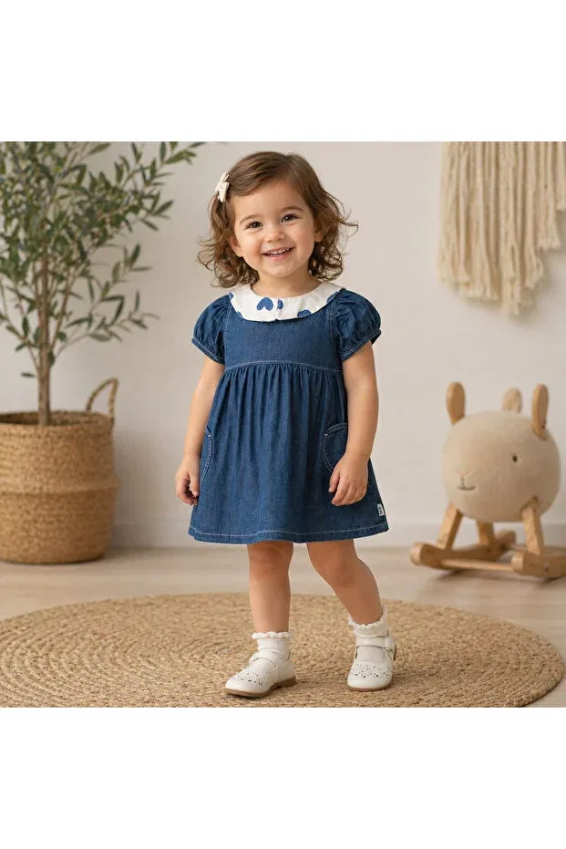 Детское джинсовое платье для девочек с коротким рукавом Girl's heart collar denim dress with buttons and pockets stylish casual jean dress Genel Tr, Navy Blue