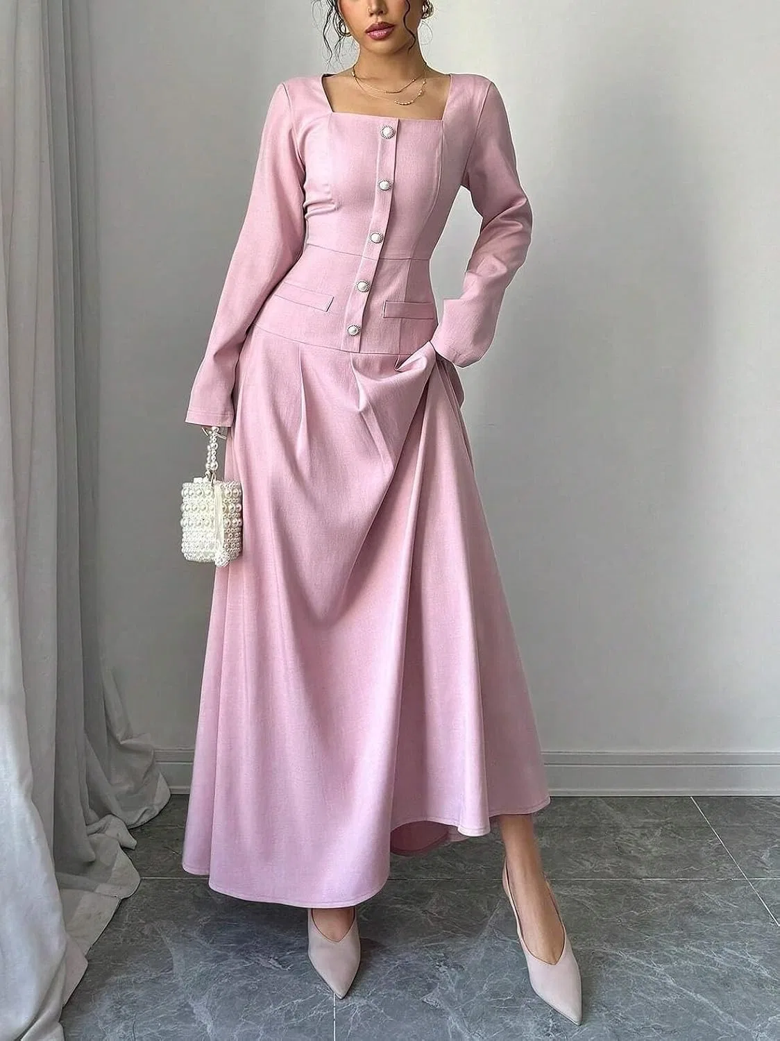 Женское длинное платье А-силуэта с квадратным вырезом, Pink — фото 3