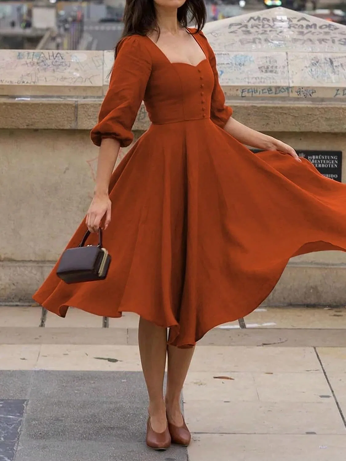 Женское повседневное миди-платье с воротником Casual Retro Waist Fit, Rust Brown — фото 2