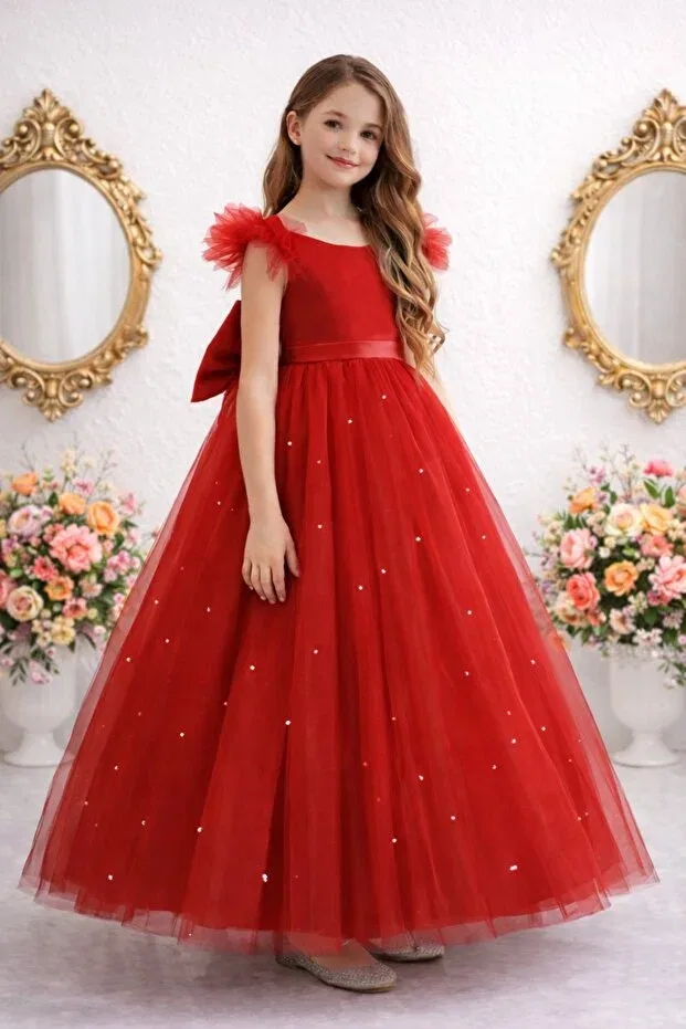 Детское платье для девочек с воланами Ruffle Sleeves Red Long Pearl Girls Princess Dress Suneh, Red
