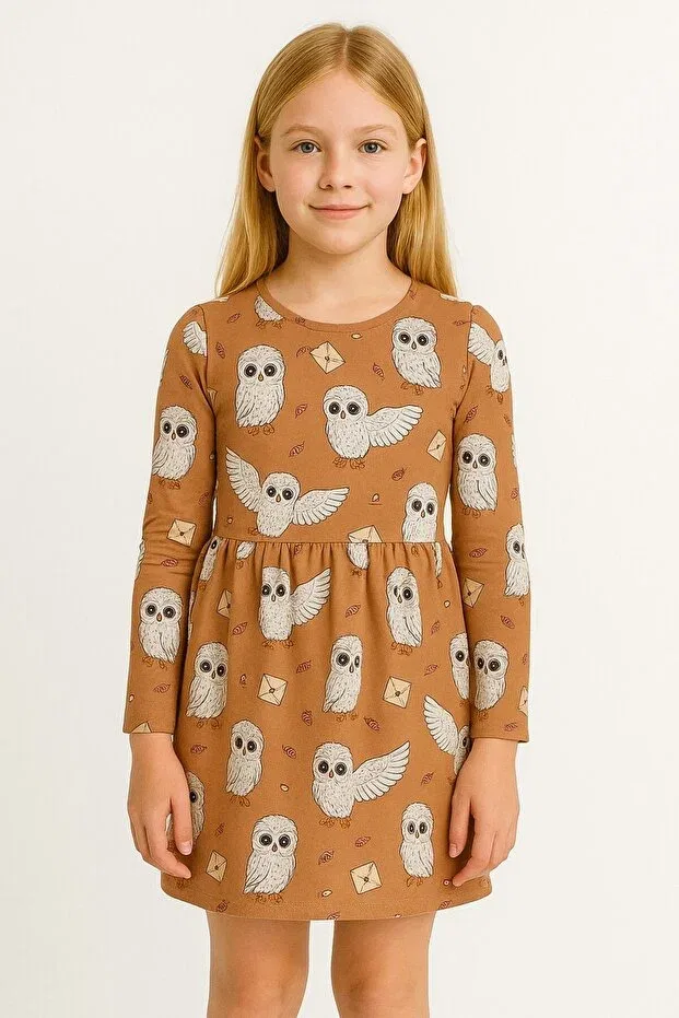 Детское платье для девочек с длинным рукавом Owl Seasonal Long Sleeve Girls' Dress Seabubbles, Brown