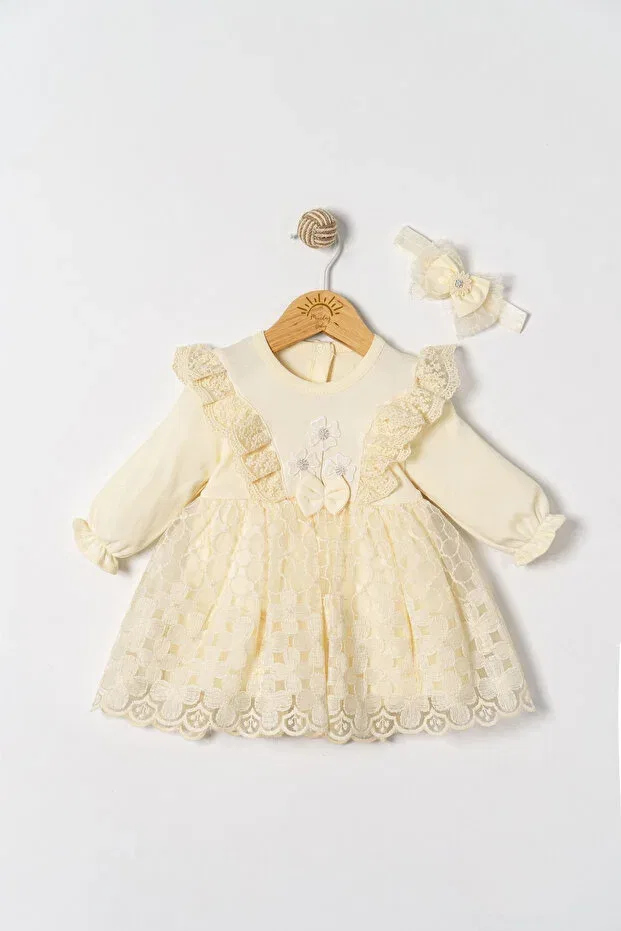 Детское платье для девочек с длинным рукавом комплект 2 шт Religious Ceremony Dress With Bandana And Lace Miniday Baby, Beige — фото 3