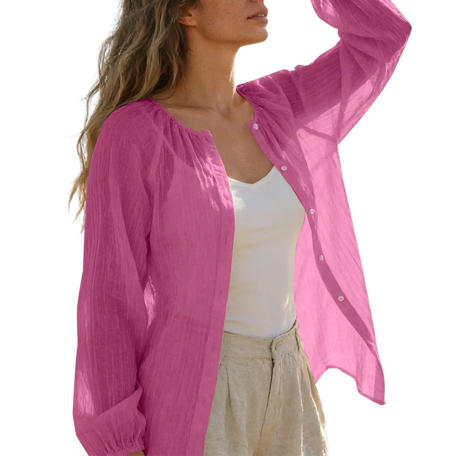 Женская блузка из хлопка и льна с длинным рукавом, Hot Pink — фото 2